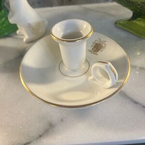 Vintage Brown Hotel White Porcelain Chamberstick with Gold Trim and Crest